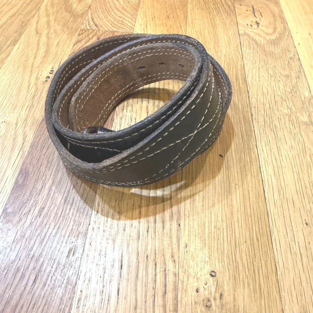 Vintage Distressed Black Leather Belt Diamond Contrast Stitch‎ No Buckle 32